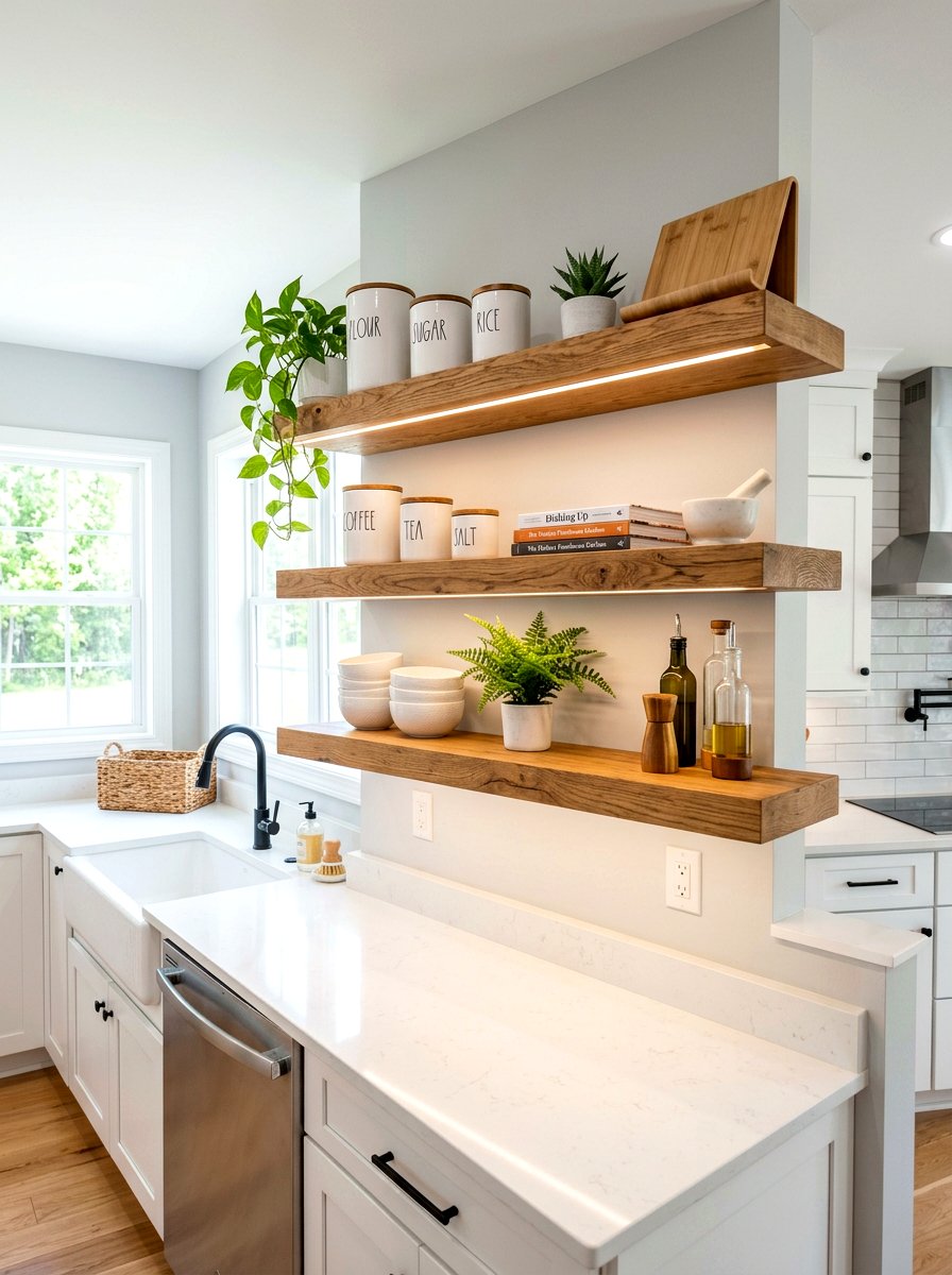 Natural wood floating shelves - 30 industrial farmhouse kitchen ideas