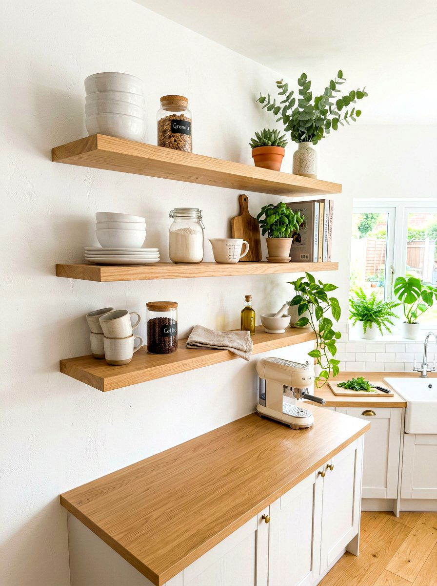 Natural wood floating shelves - 30 TikTok kitchen decor ideas