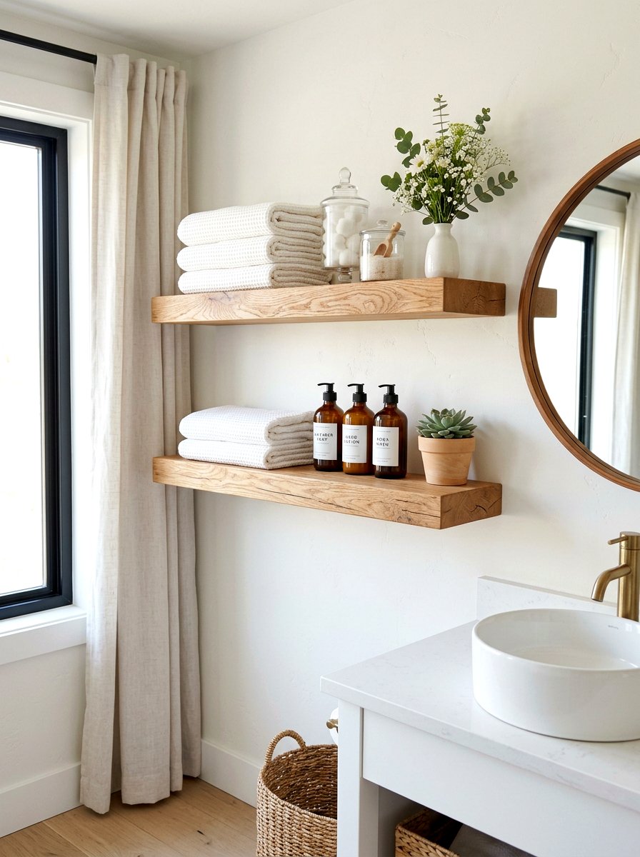 Natural wood floating shelves - 30 coastal grandmother bathroom ideas