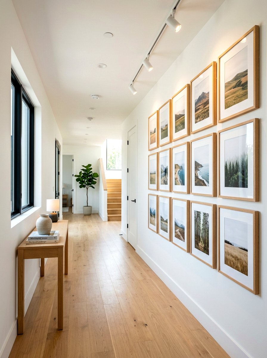 Natural wood frame gallery - 30 hallway gallery wall ideas