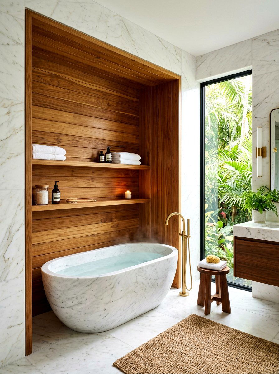 Natural wood lined niche - 30 tub niche ideas
