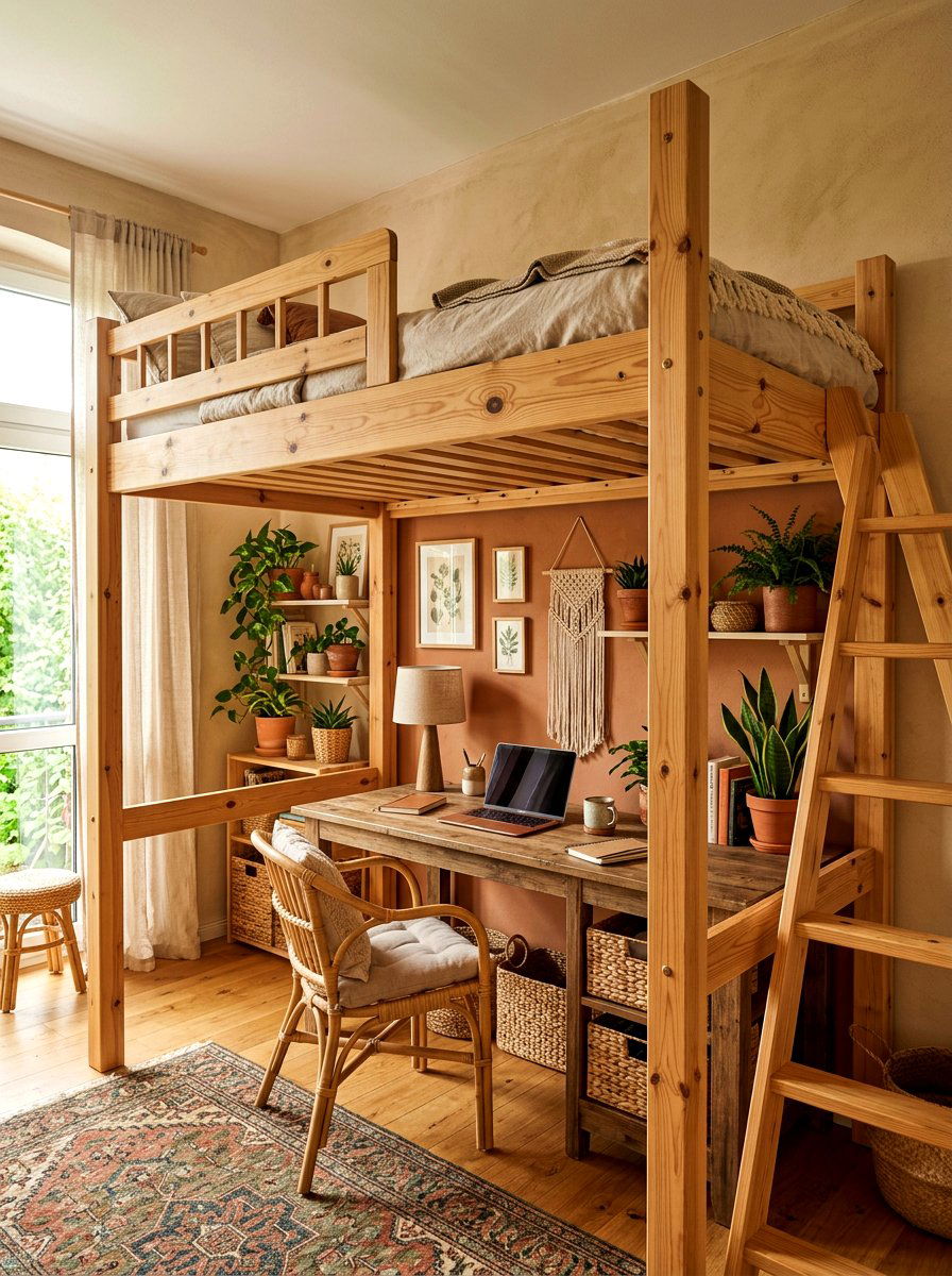 Natural wood loft bed with office setup - 30 loft bed office combo ideas