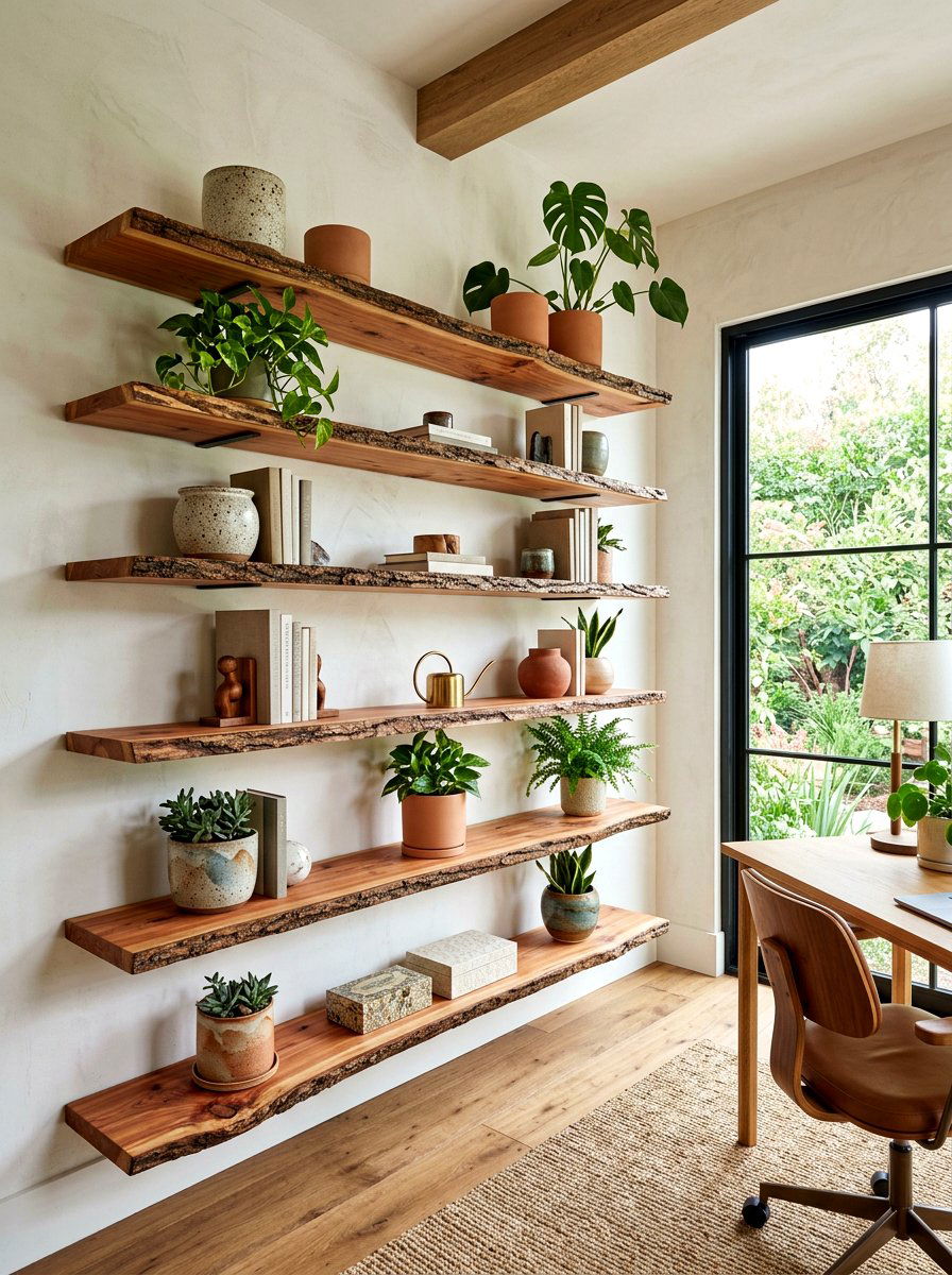 Natural wood office shelves - 30 home office shelf ideas