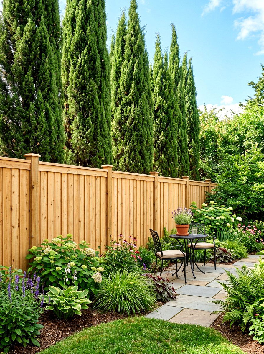 Natural wood privacy fence - 30 neutral backyard styling ideas