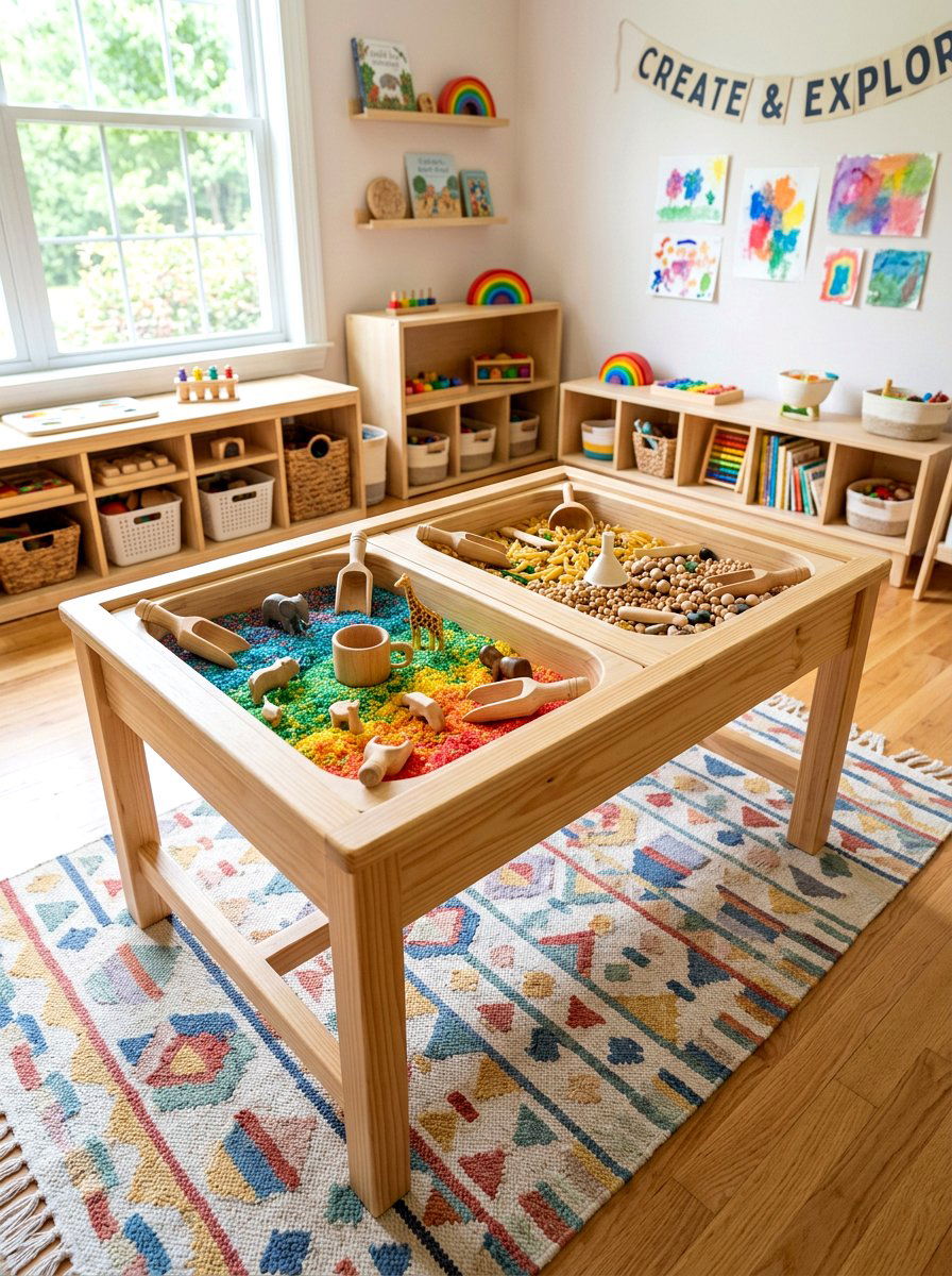 Natural wood sensory table - 30 Montessori playroom aesthetic ideas
