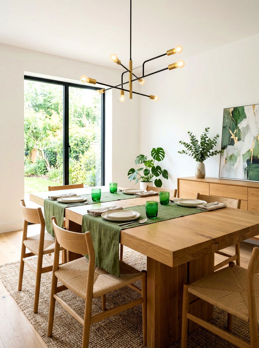 Natural wood table with green accents - 30 cabbagecore dining room ideas