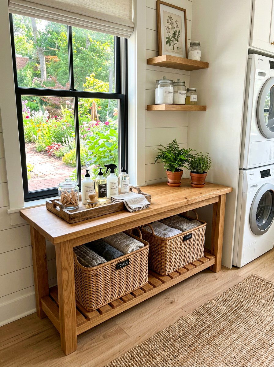 Natural wood utility bench - 30 green cleaning station ideas