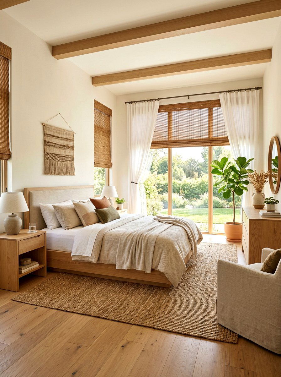 Natural wood woven shades with white drapes - 30 bedroom curtain layering ideas