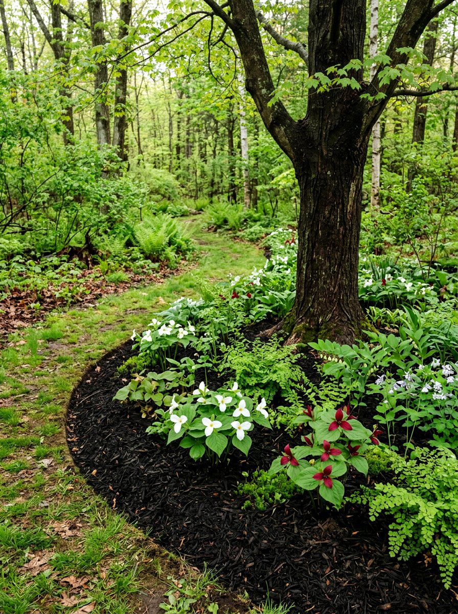 Naturalistic woodland mulch garden - 30 flower bed around tree ideas
