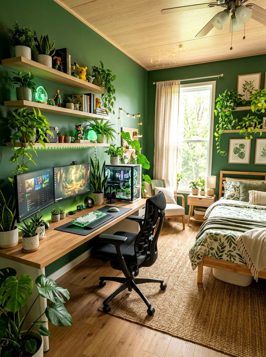 Nature Inspired Green Gaming Room - 30 gamer bedroom ideas