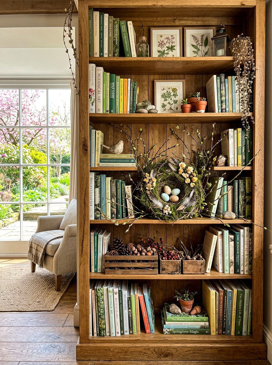 Nature bookshelf decor - 30 bookshelf spring styling ideas
