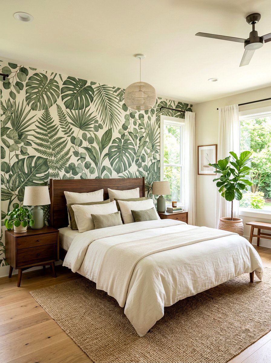 Nature inspired botanical wallpaper bedroom - 30 phone free bedroom ideas for adults