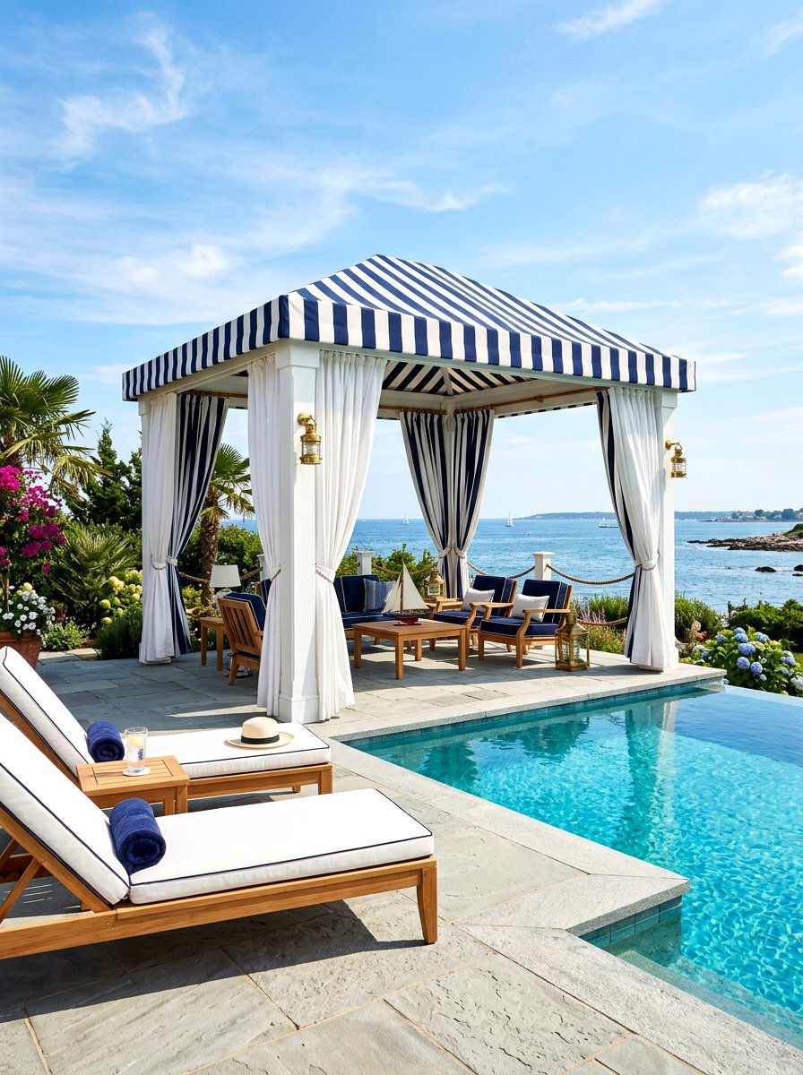 Nautical Navy Striped Poolside Pavilion - 30 striped cabana backyard ideas