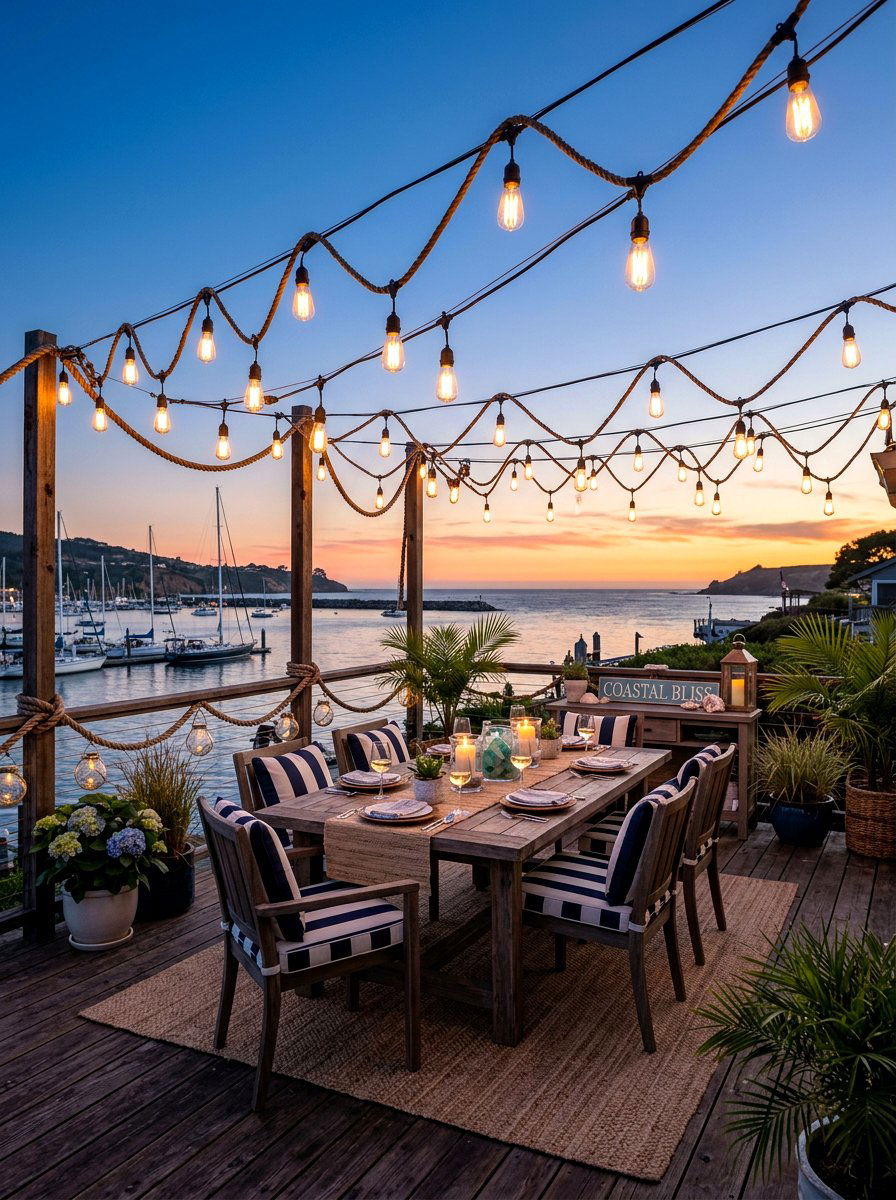 Nautical String Light Patio - 30 coastal backyard ideas