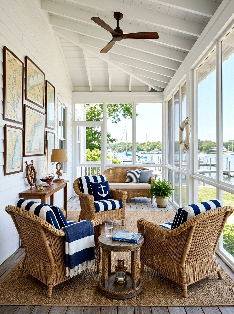 Nautical Theme Screened Porch - 30 coastal backyard ideas