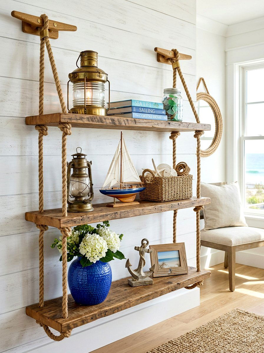 Nautical rope shelf - 30 summer shelf decor ideas