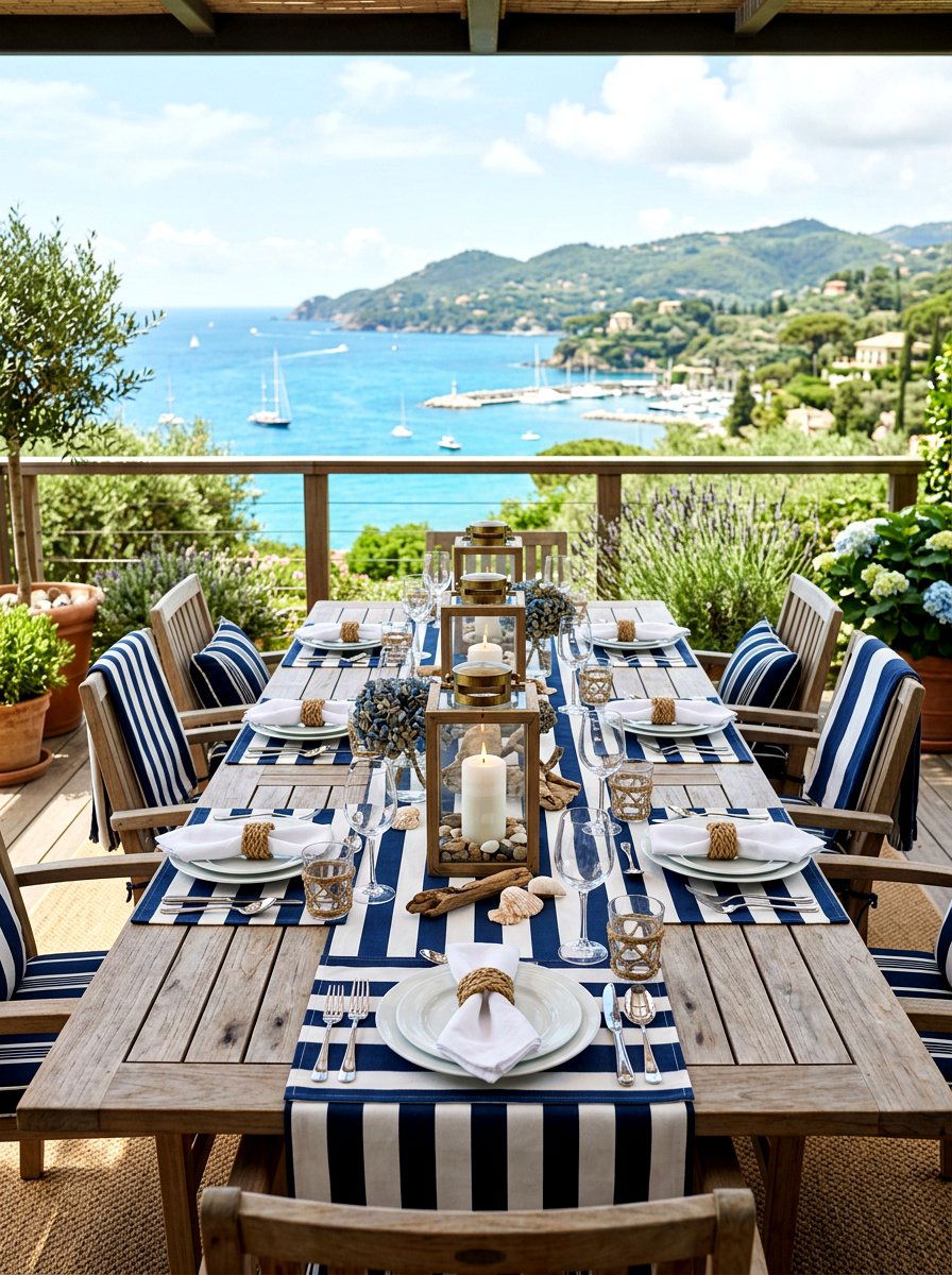 Nautical stripe outdoor dining - 30 summer patio tablescape ideas
