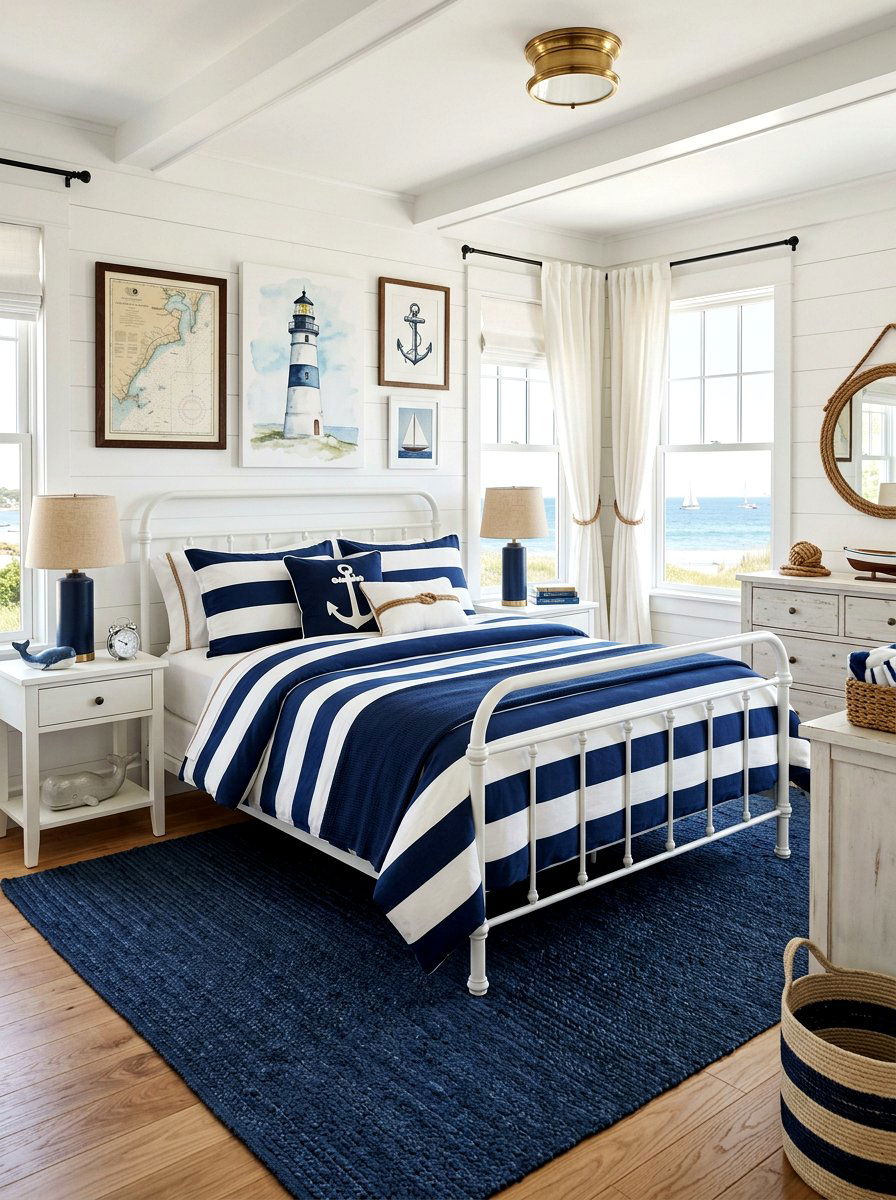 Nautical striped cottage bedroom - 30 beach cottage bedroom ideas