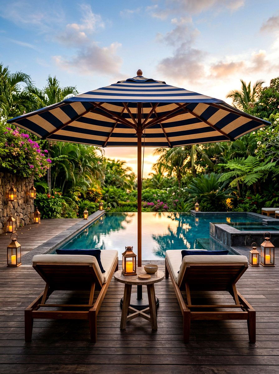 Navy And Tan Striped Pool Umbrella - 30 poolside striped umbrellas ideas