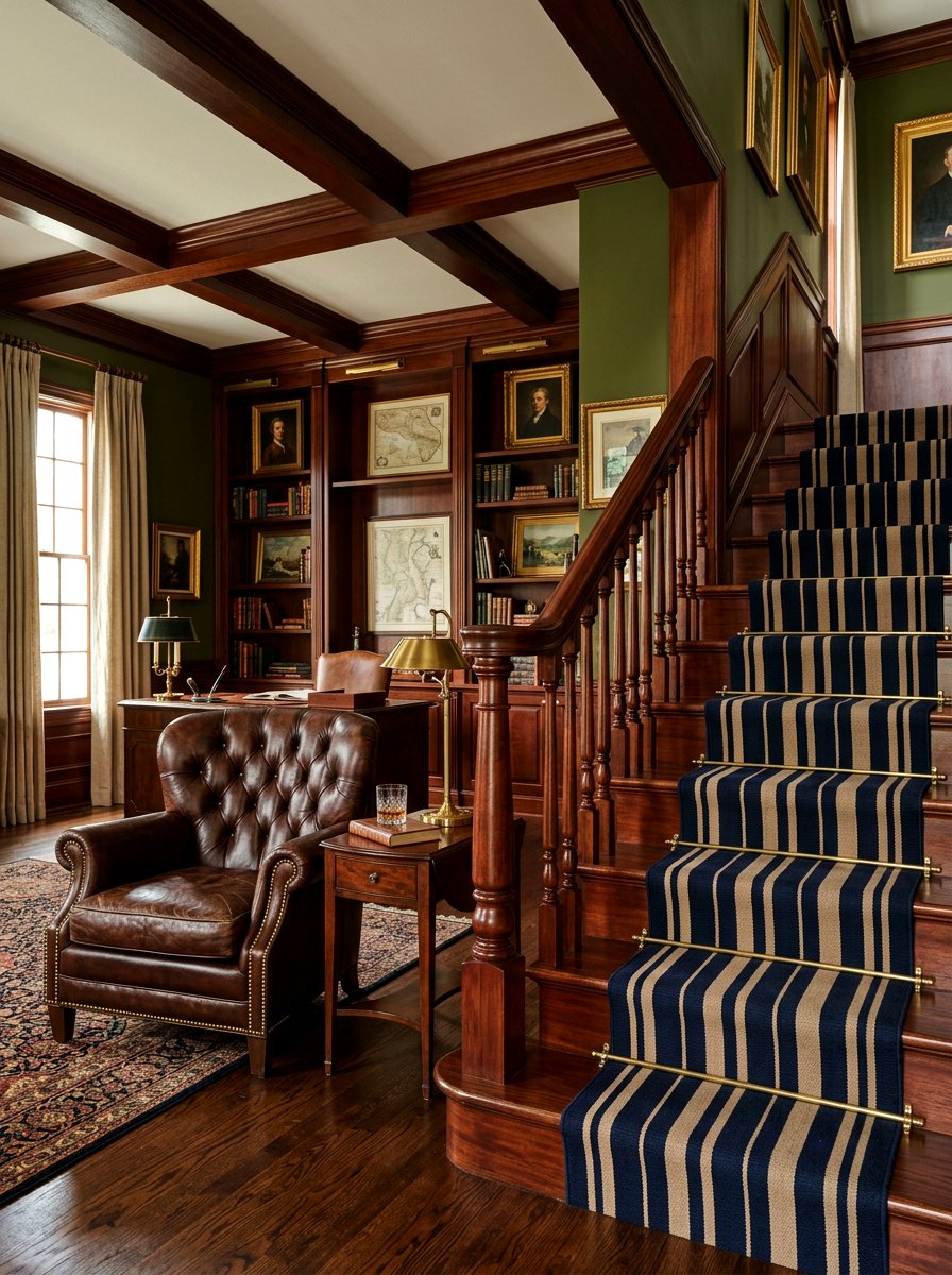Navy And Tan Striped Stair Runner - 30 stair runner stripe ideas