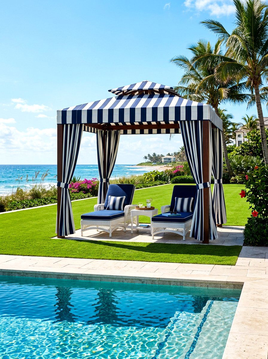 Navy And White Coastal Pool Cabana - 30 striped cabana backyard ideas