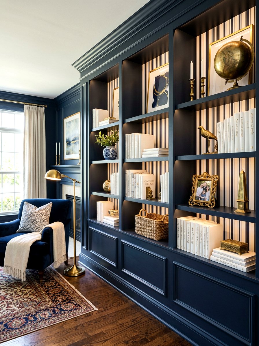 Navy And White Stripe Built In Shelves - 30 circus stripe living room ideas