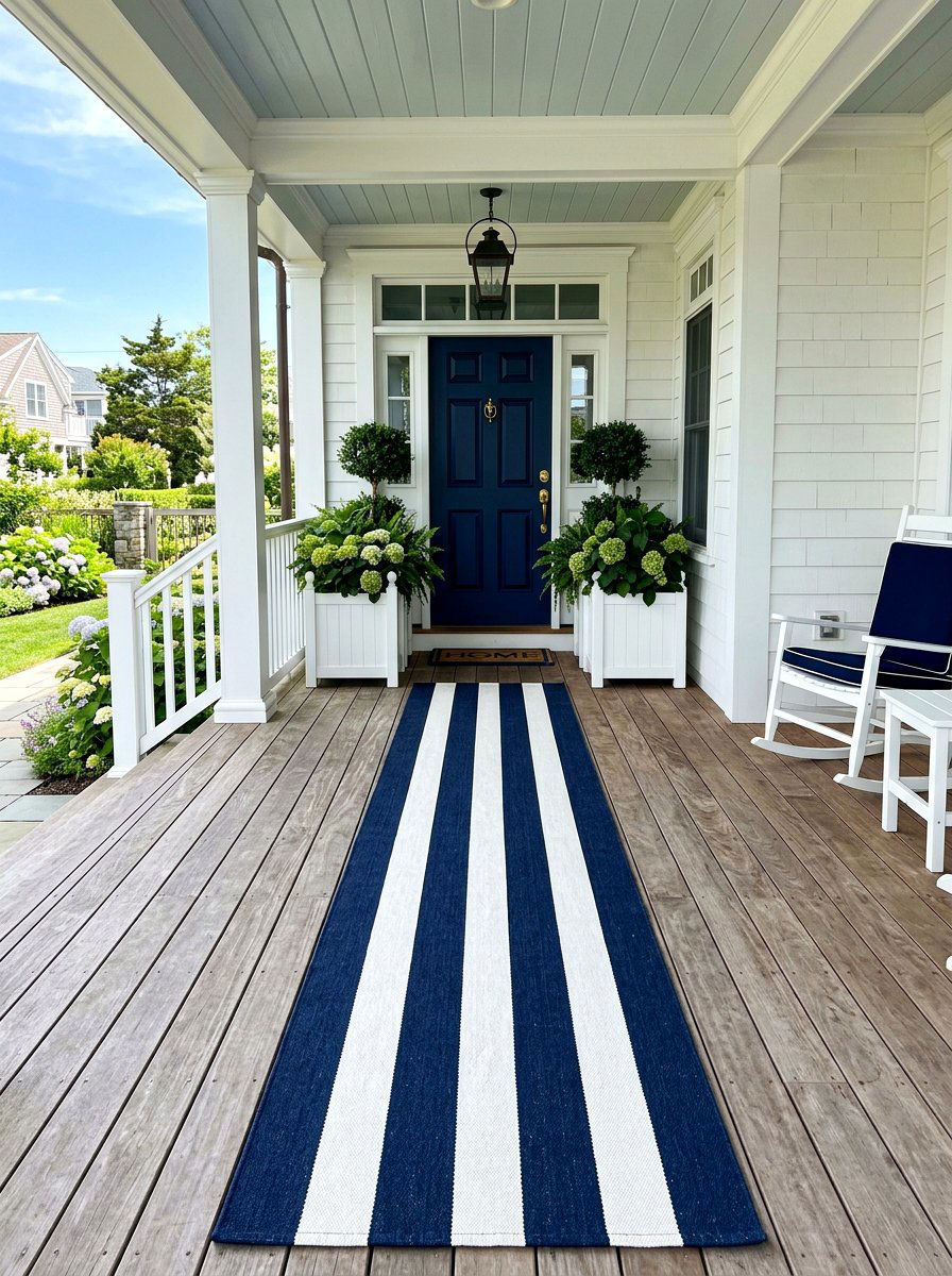Navy And White Stripe Porch Runner - 30 blue and white stripe porch ideas