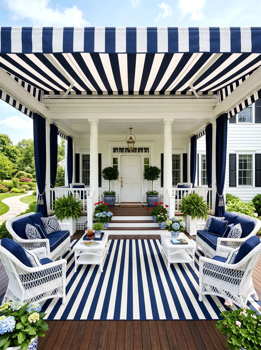 Navy And White Striped Porch - 30 coastal prep porch ideas