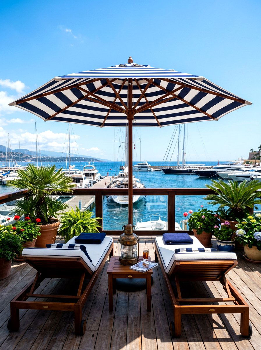 Navy And White Striped Wood Umbrella - 30 poolside striped umbrellas ideas