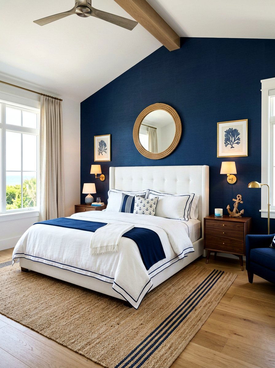 Navy Blue Accent Wall - 30 nautical bedroom ideas