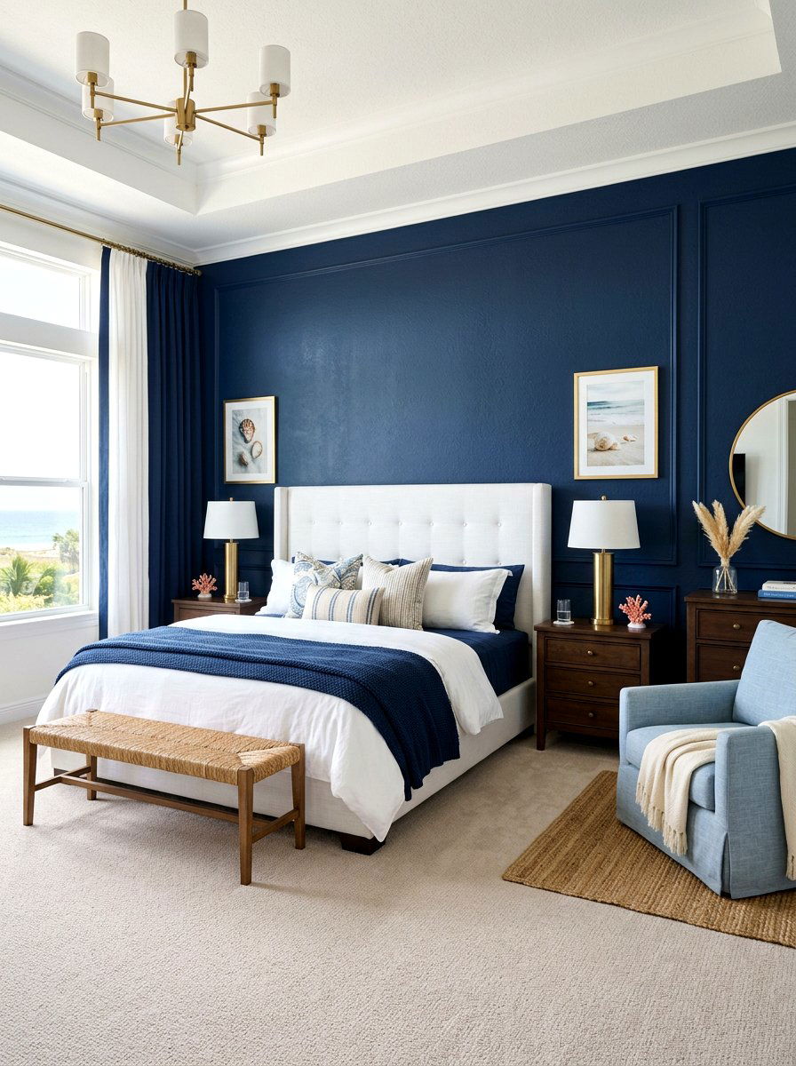 Navy Blue Accent Wall - 30 Hamptons bedroom ideas