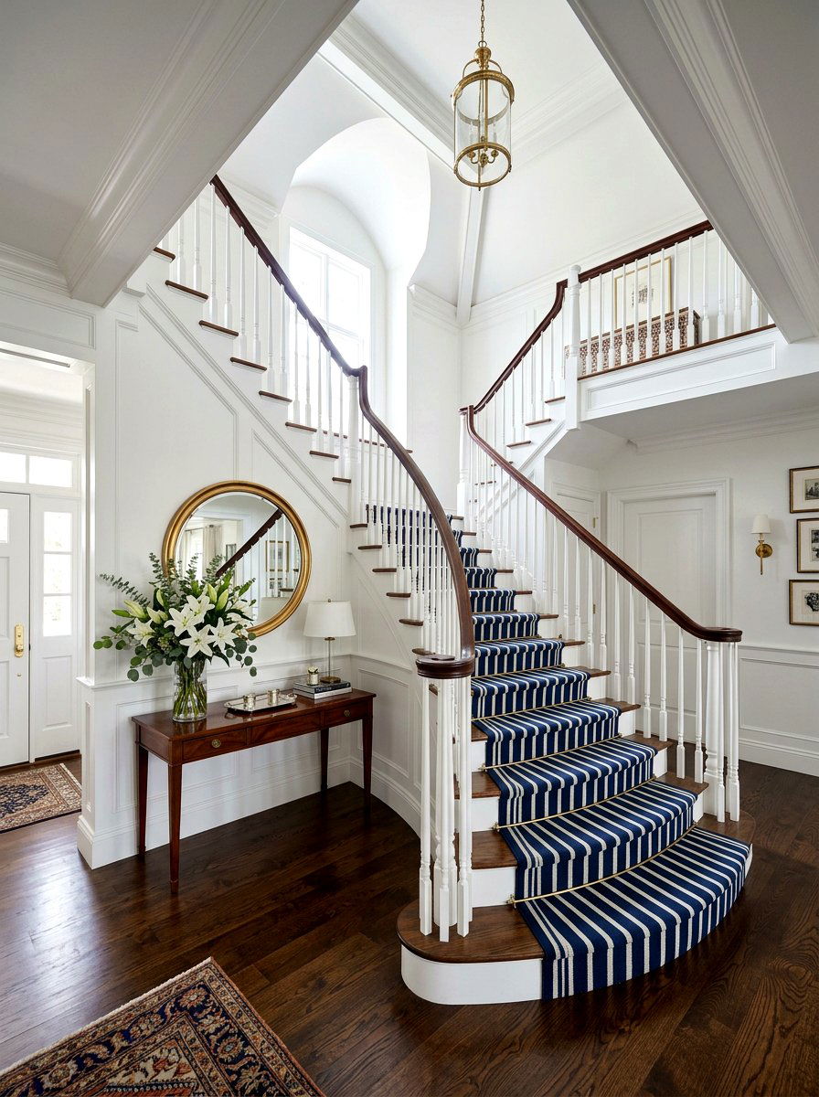 Navy Blue And White Striped Stair Runner - 30 stair runner stripe ideas