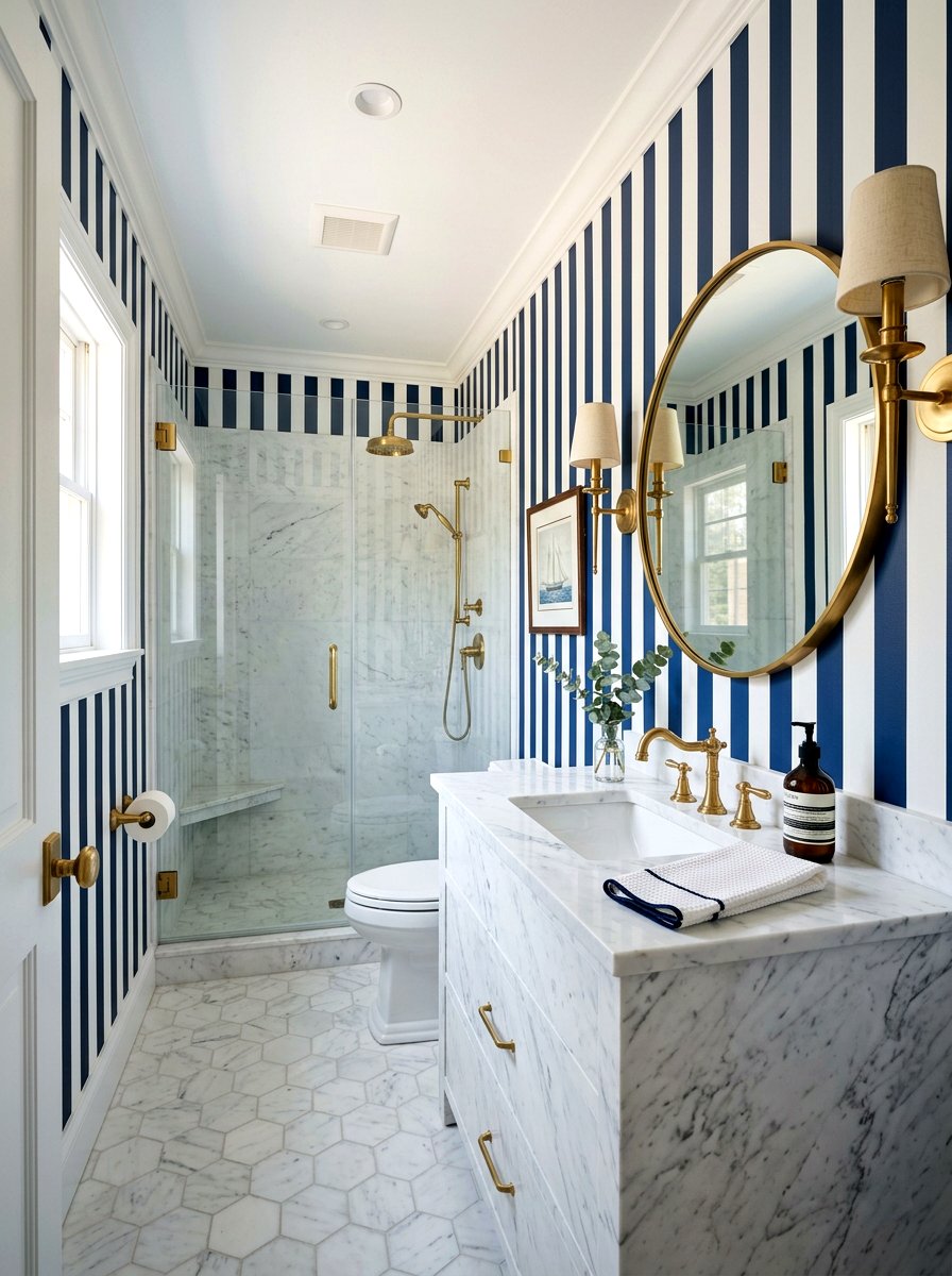 Navy Blue Bathroom - 30 striped wall ideas