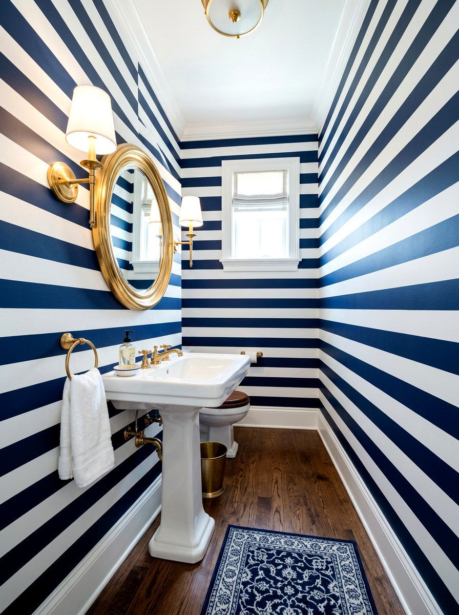 Navy Blue Bold Stripe Room - 30 stripe powder bath ideas