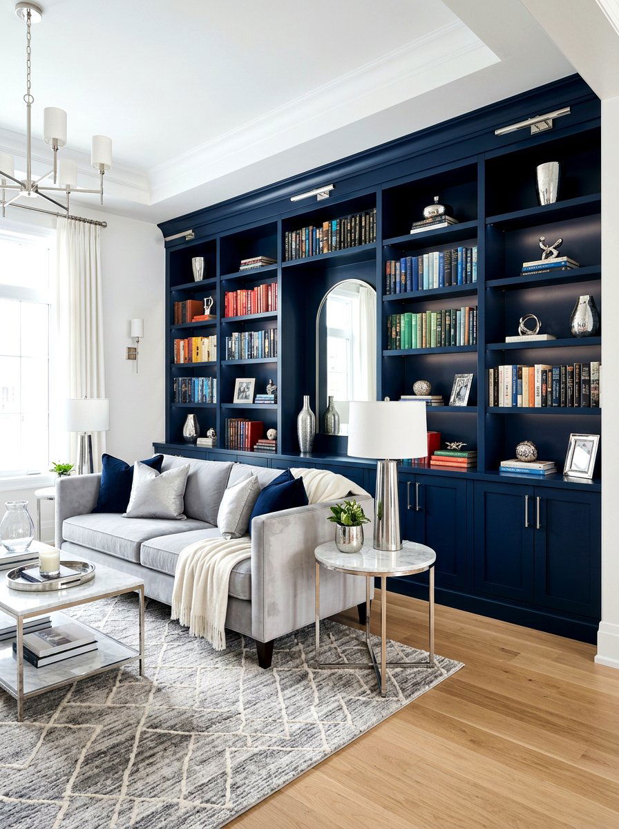 Navy Blue Built In Bookshelf - 30 moody library living room ideas