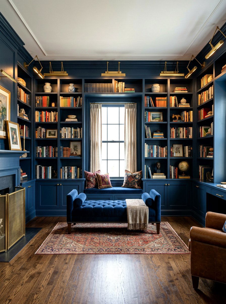 Navy Blue Built In Bookshelves - 30 moody reader nook ideas