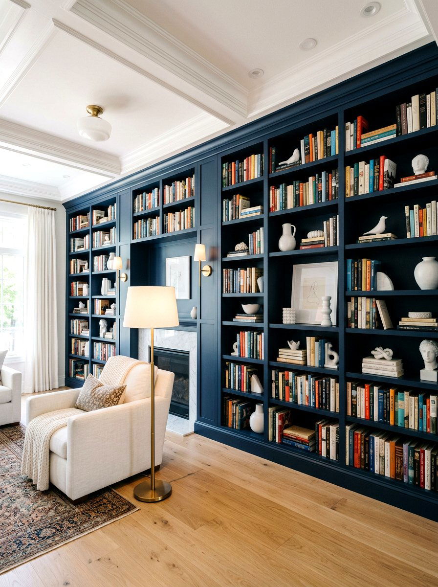 Navy Blue Built In Bookshelves - 30 navy and white decor ideas