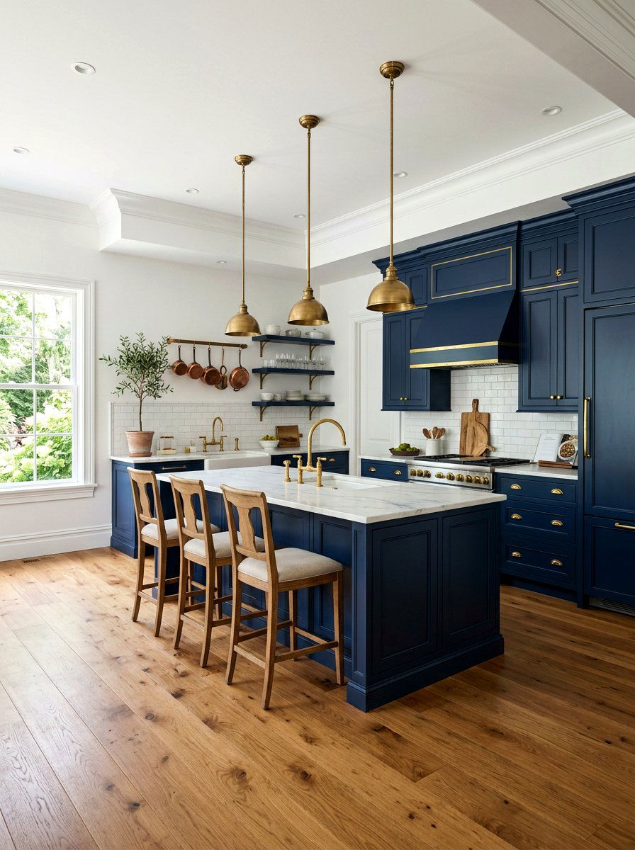 Navy Blue Cabinets Brass Accents - 30 navy kitchen cabinet ideas