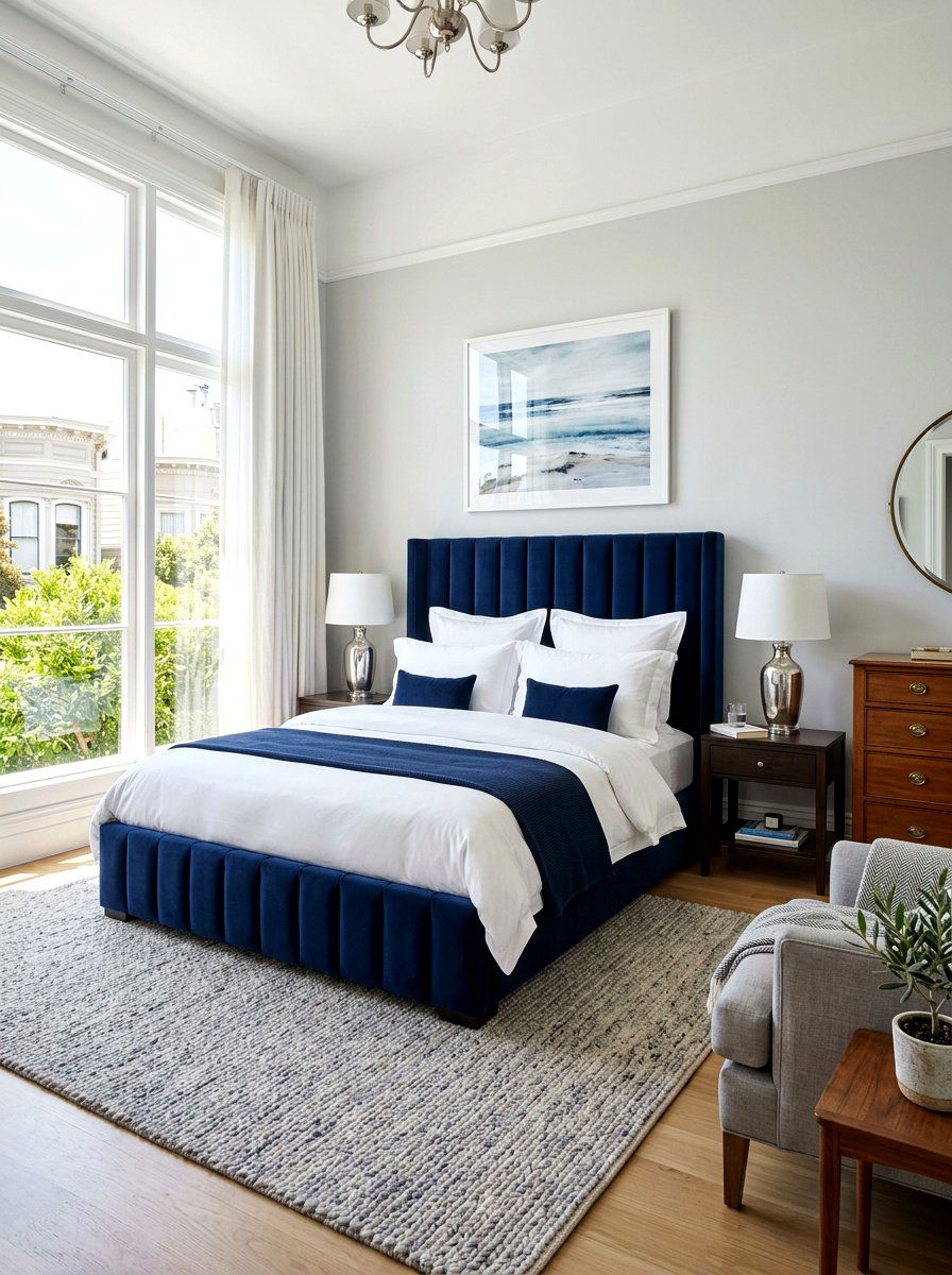 Navy Blue Channel Tufted Bed - 30 channel tufted bed ideas