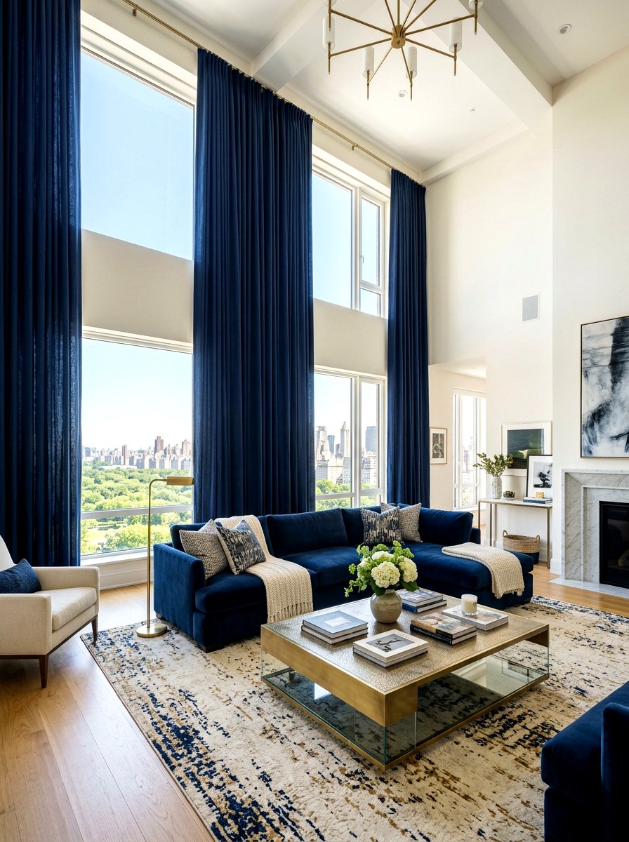 Navy Blue Floor To Ceiling Drapes - 30 ink blue lounge ideas