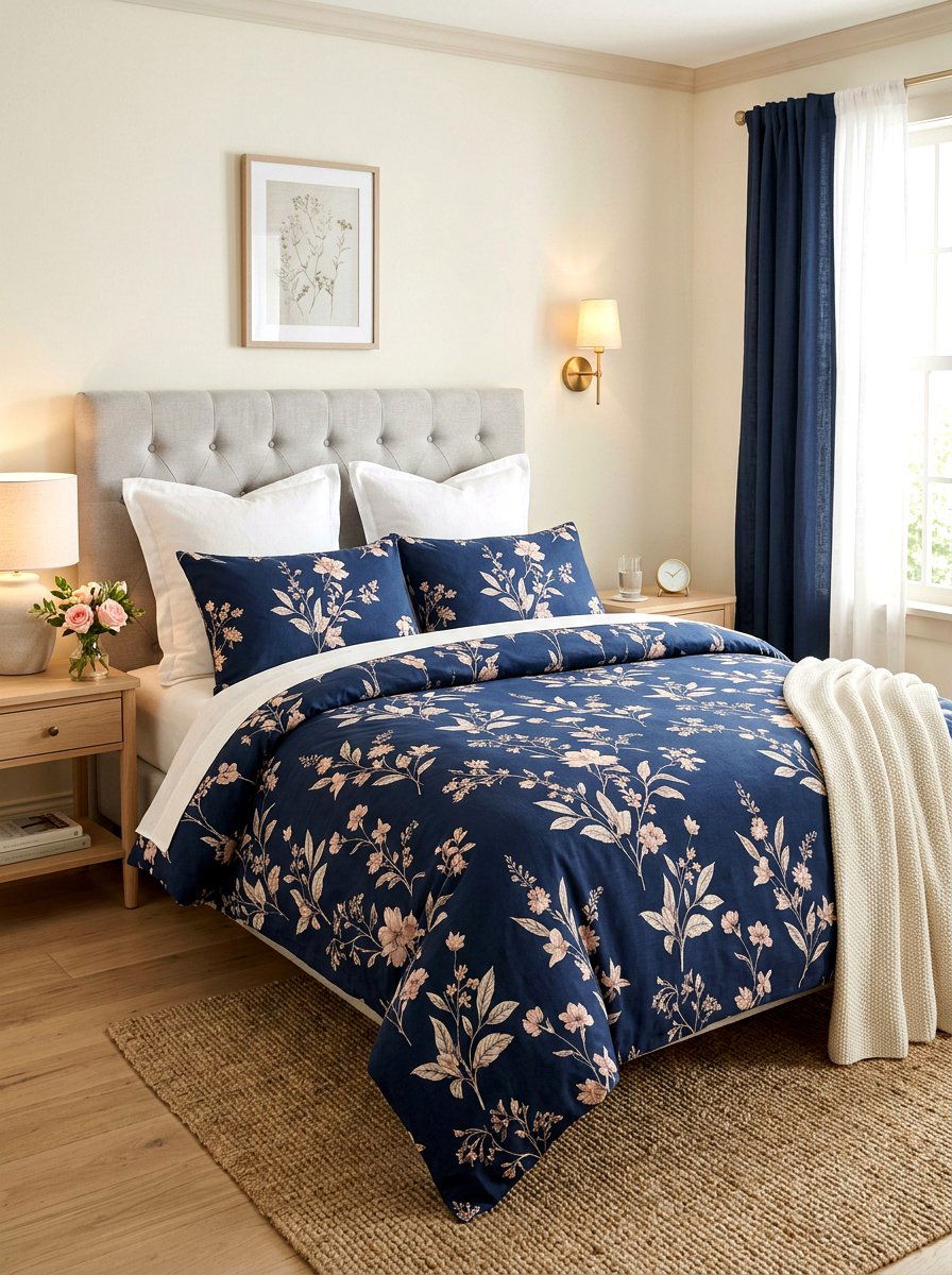 Navy Blue Floral Bedding - 30 dark floral bedroom aesthetic ideas