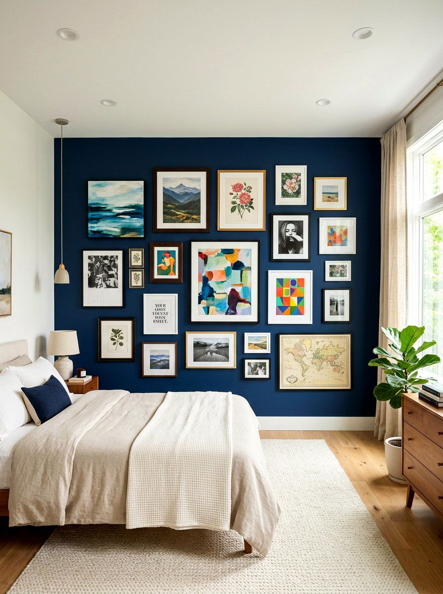 Navy Blue Gallery Wall - 30 inky blue bedroom ideas