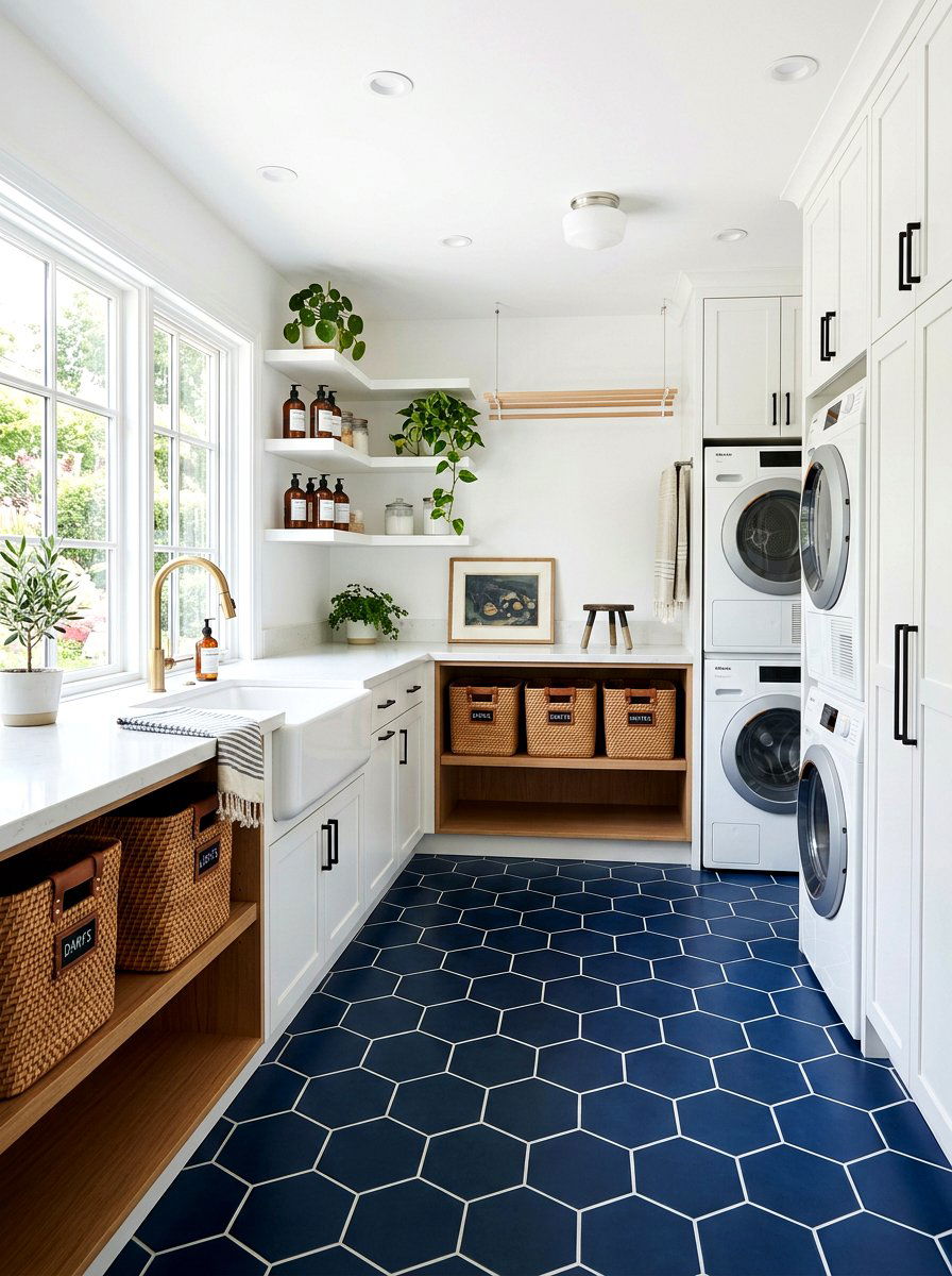Navy Blue Geometric Tile - 30 peel and stick floor ideas