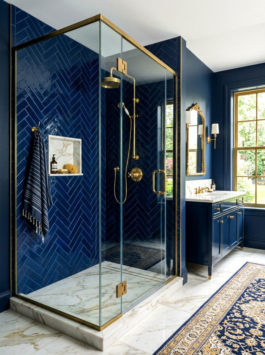 Navy Blue Herringbone Shower - 30 herringbone shower tile ideas