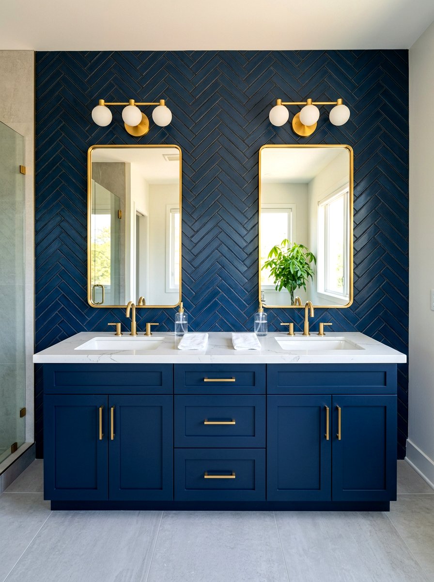 Navy Blue Herringbone Wall - 30 colorful bathroom tile ideas
