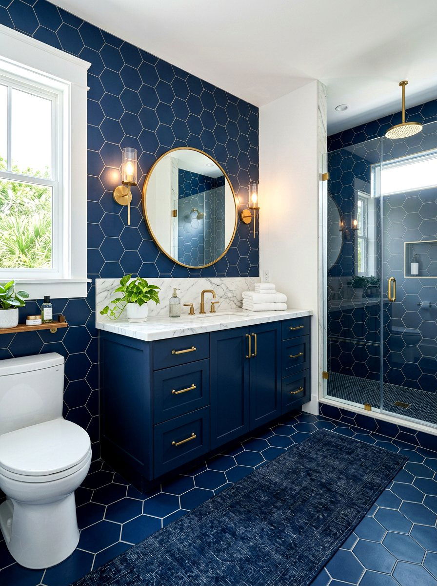 Navy Blue Hexagon Tile Bathroom - 30 hex tile bathroom ideas