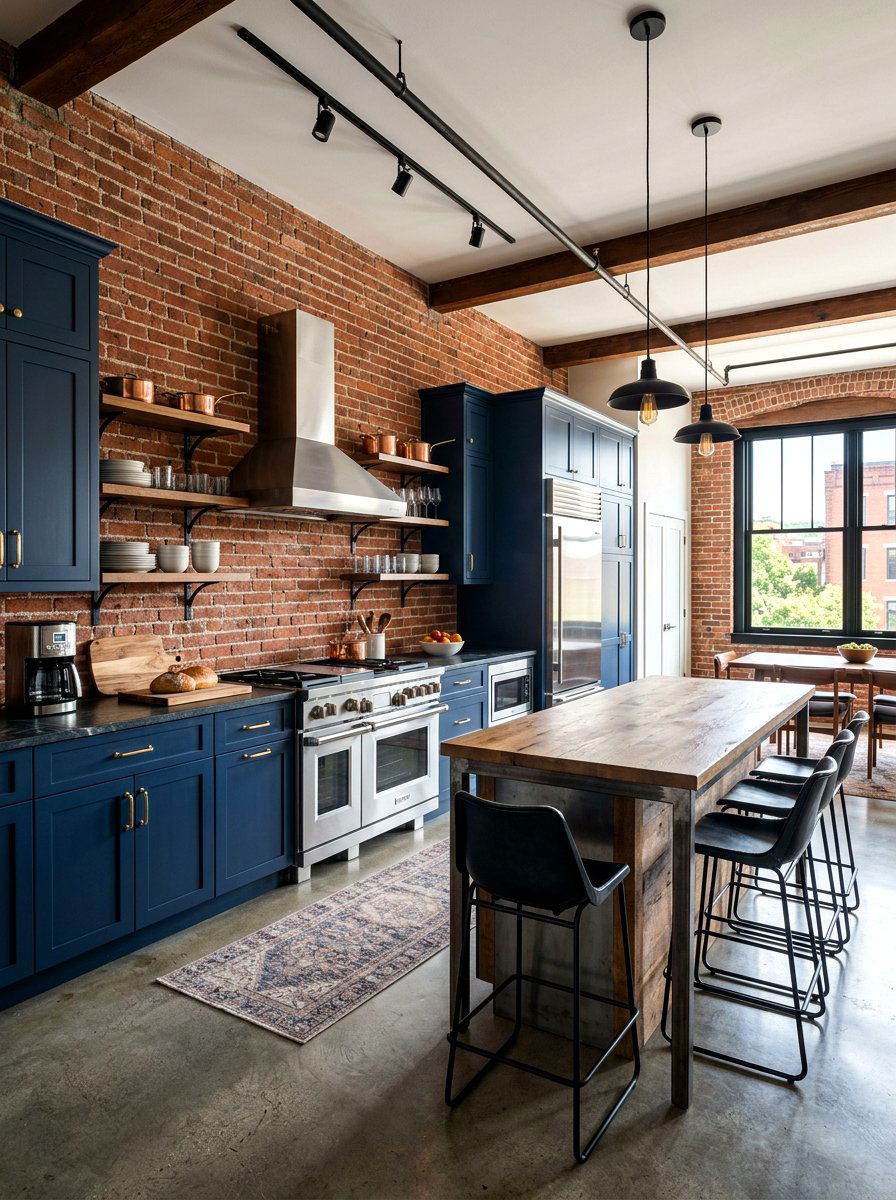 Navy Blue Kitchen With Brick Wall - 30 navy kitchen cabinet ideas