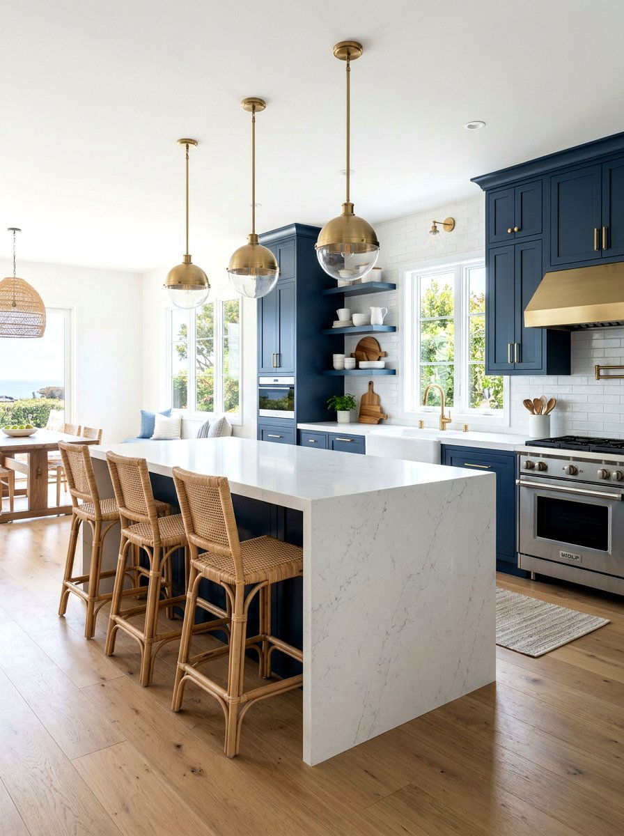 Navy Blue Kitchen With White Waterfall - 30 waterfall countertop ideas