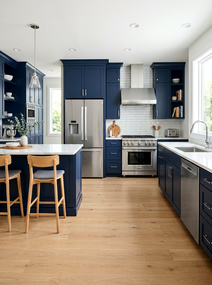 Navy Blue Kitchen with Chrome Appliance Suite - 30 navy and chrome kitchen ideas