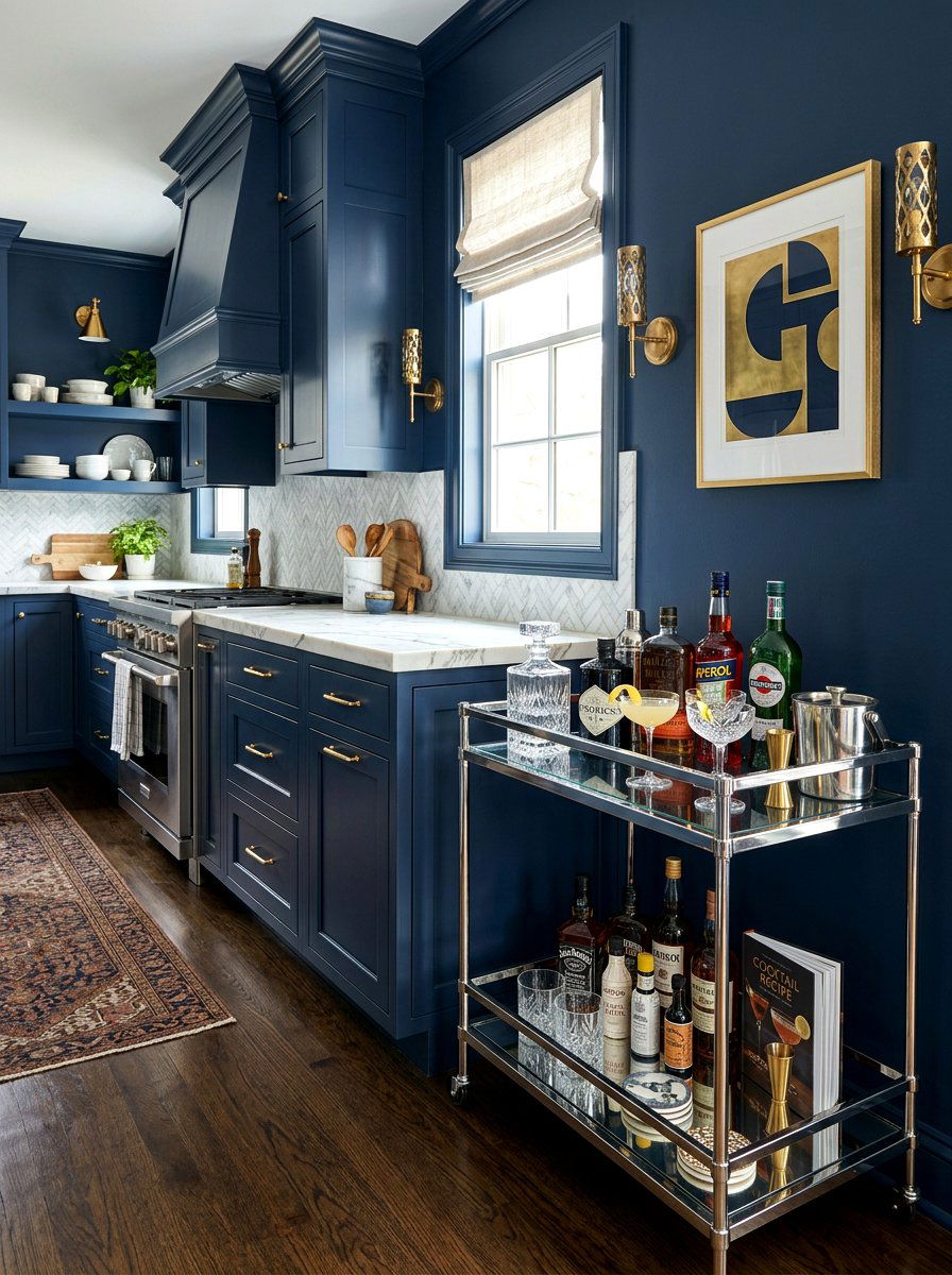 Navy Blue Kitchen with Chrome Bar Cart - 30 navy and chrome kitchen ideas